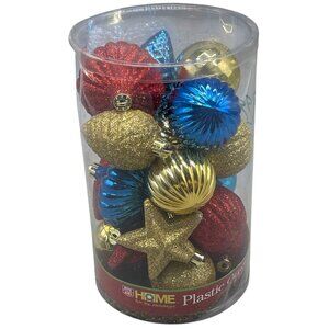 rite aid home plastic ornaments set of 19 gold red blue stars pine bulbs READ